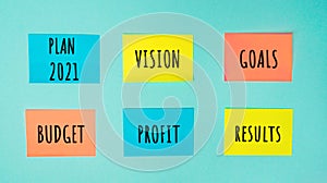 Colorful stickers with the words Plan 2021, Vision, Goals, Budget, Profit and Results. Planning, plans and tasks. New business