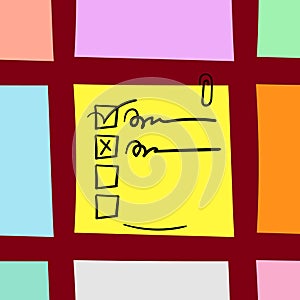 Colorful sticky note with pin on red background