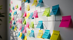 Colorful sticky notes create a flowchart on a white wall for project management ideas