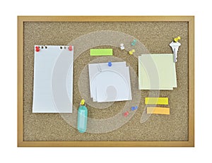 Colorful sticky notes, pin, key and tag name on cork board