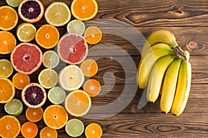 Colorful still life of citrus fruit and bananas