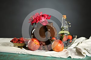 Colorful Still Life With Fruits and Roses