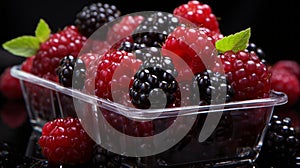 Colorful Still Life Photography Of Raspberries In Plastic Container