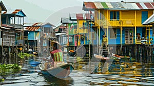 Colorful stilt houses and local in rowboat on serene water