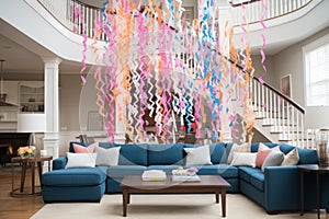 Colorful streamers, party favors, and festive lights adorn house for world fun day, spreading joy