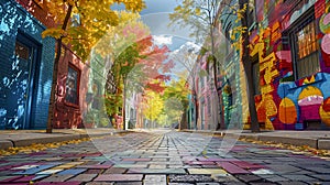 Colorful street with a brick sidewalk and a tree in the middle. The street is lined with colorful buildings and the trees are in