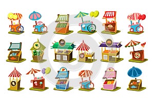 Colorful street cart shop set, retail kiosk on wheels vector Illustrations on a white background