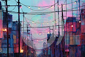 Colorful street lights in the city at night,  Digital painting