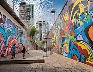 Colorful street mural depicting social issues in an urban setting