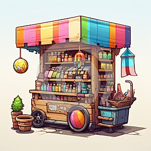 Colorful Street Vendor: Detailed Ink Illustrations In 2d Game Art Style