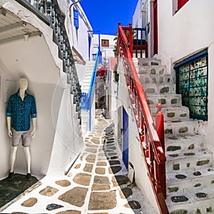 Colorful streets of traditional Mykonos island, Chora town