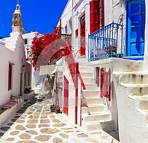 Colorful streets of traditional Mykonos island, Chora village