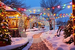 colorful string lights curving over a snow-packed patio