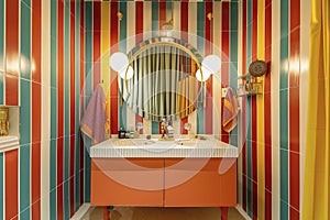 Colorful Striped Bathroom Interior with Double Vanity and Round Mirror