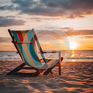 Colorful striped beach chair sitting on the beach during sunset