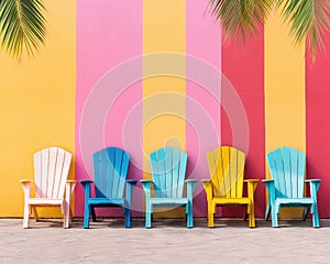 Colorful striped beach chrs are on the sand near a colorful wall and palm tree.