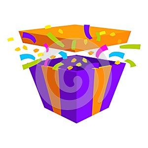 Colorful striped gift box exploding with confetti and streamers