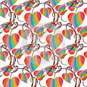 Colorful striped love hearts vector seamless pattern. White isolated background. Ornamental elegance design. Repeat backdrop. Hand