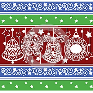 Colorful striped pattern with Christmas balls and bells. Xmas texture for wallpaper, web page background, wrapping paper and etc.