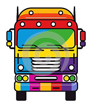 Colorful striped school bus front view. Bright colors and simple shapes. Children transportation concept vector