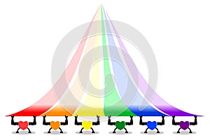 Colorful strong and healthy hearts lifting rainbow stripes, LGBT colors. Copy-space for add text is on top light colors.