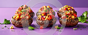 Colorful Stuffed Portobello Mushrooms with Fresh Vegetables on Vibrant Purple Background