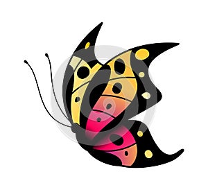 Colorful stylized butterfly. Flying bright insect silhouette in black, pink and yellow colors, minimalistic decorative