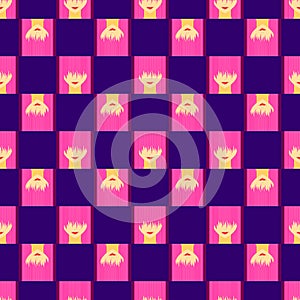 Colorful stylized girl with face covered long bangs. Noface woman seamless pattern