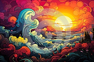 Colorful, stylized illustration of ocean waves with a sunset backdrop