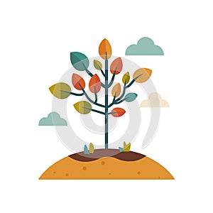 Colorful stylized tree vector illustration, autumn hues leaves, growing mound soil. Simple, flat