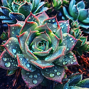 Colorful succulent plants after a shower of rain