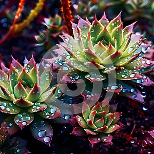 Colorful succulent plants after a shower of rain