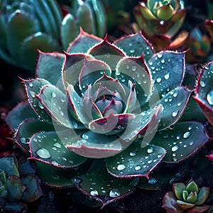 Colorful succulent plants after a shower of rain