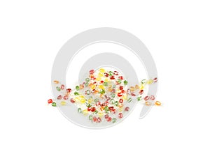 Colorful sugar candies unites in shape of big confection or sweet, concept childrens party or birthday, white background, copy