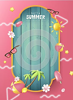 Colorful Summer banner background with Beach Accessories On Blue Plank - Summer Holiday Banner