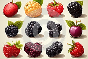 Colorful summer berries icons set - blackberry, raspberry, apple on white background