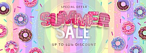 Colorful summer big sale poster with sweet donuts on rainbow background. Summertime background. Junk food background. Typography