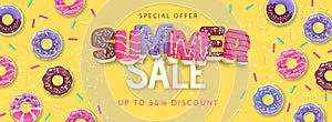 Colorful summer big sale poster with sweet donuts. Summertime background. Junk food background. Typography design