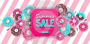 Colorful summer big sale poster with sweet donuts. Summertime background. Junk food background. Typography design