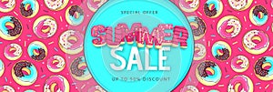 Colorful summer big sale poster with sweet donuts. Summertime background. Junk food background. Typography design