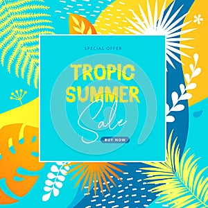 Colorful summer big sale tropical banner with tropic leaves. Summertime background.
