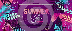 Colorful summer big sale tropical gradient poster with fluorescent tropic leaves. Summertime background.