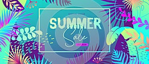 Colorful summer big sale tropical gradient poster with fluorescent tropic leaves. Summertime background.