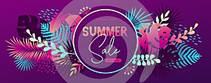 Colorful summer big sale tropical gradient poster with fluorescent tropic leaves. Summertime background.