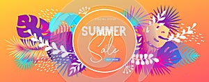 Colorful summer big sale tropical gradient poster with fluorescent tropic leaves. Summertime background.