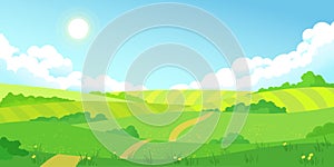 Colorful summer bright fields landscape, green grass, clear blue sky