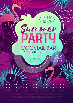 Colorful summer disco party poster with fluorescent tropic leaves and flamingo. Summertime background