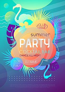 Colorful summer disco party poster with fluorescent tropic leaves and flamingo. Summertime background