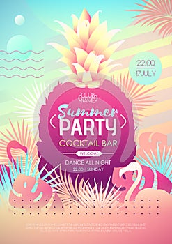 Colorful summer disco party poster with fluorescent tropic leaves, pineapple and flamingo. Summertime background