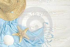 Colorful summer holiday beach banner background with accessories on white wood panel, border design on top view with copy space